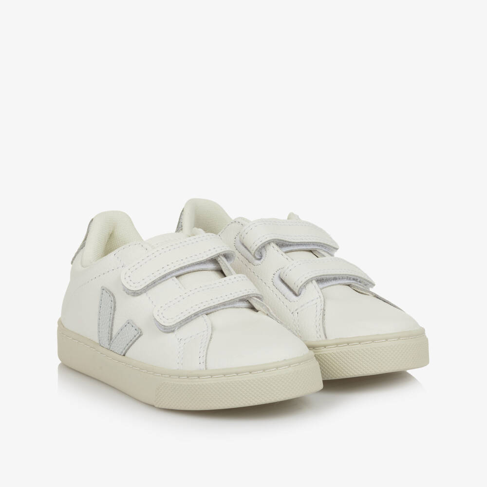 VEJA-Girls White & Silver Leather Esplar Velcro Trainers | Childrensalon Outlet