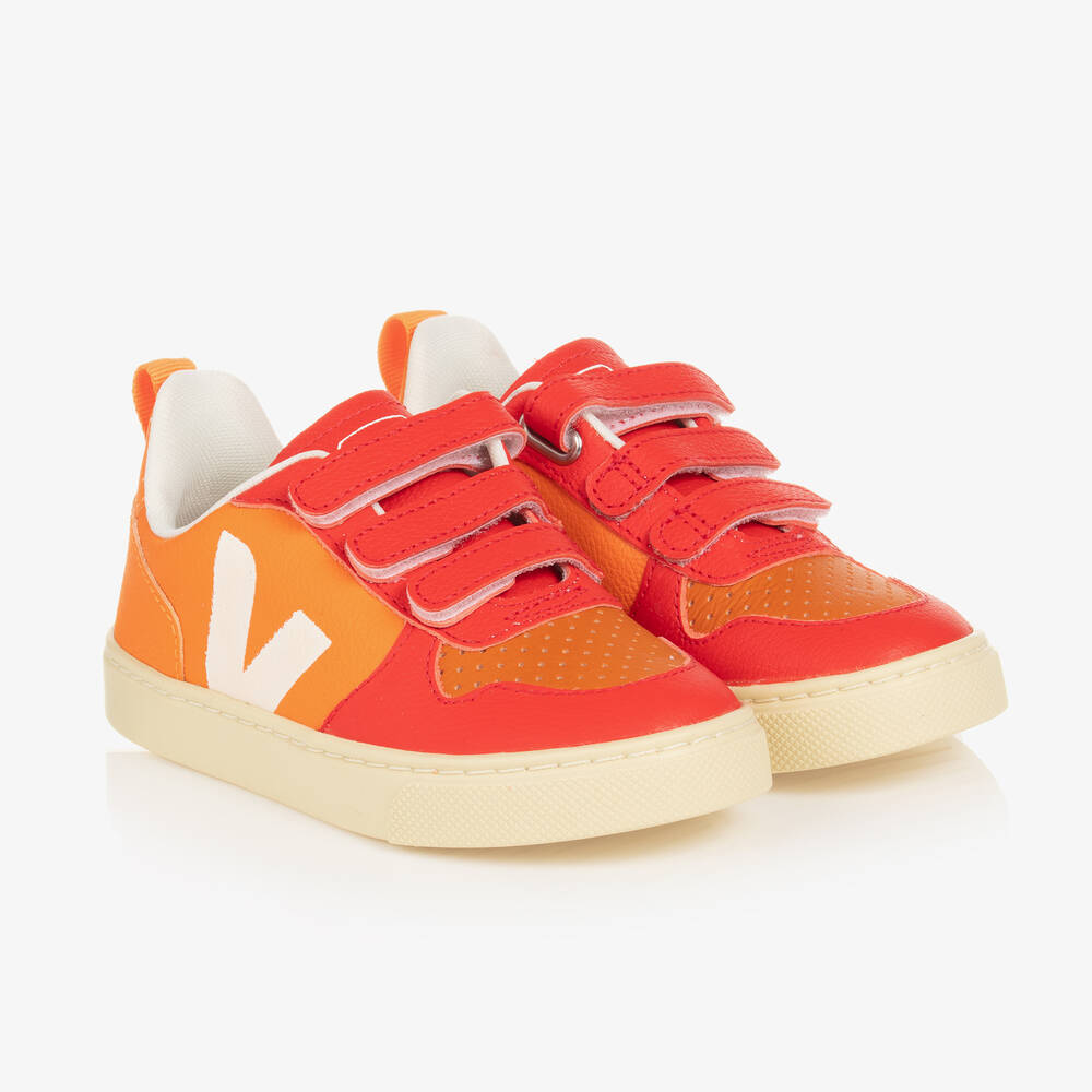 VEJA - Оранжево-красные кожаные кроссовки V-10 на липучке | Childrensalon