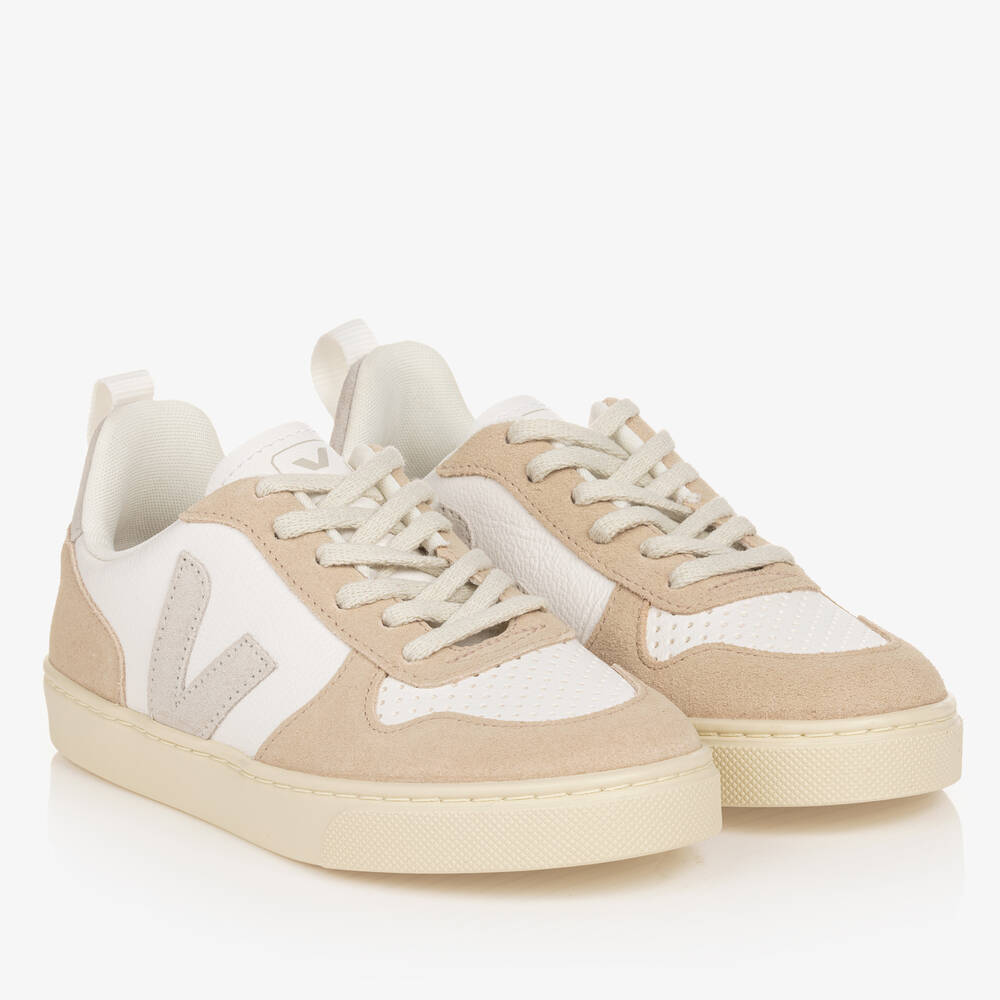 VEJA-Teen Girls White & Beige Leather V-10 Trainers | Childrensalon Outlet