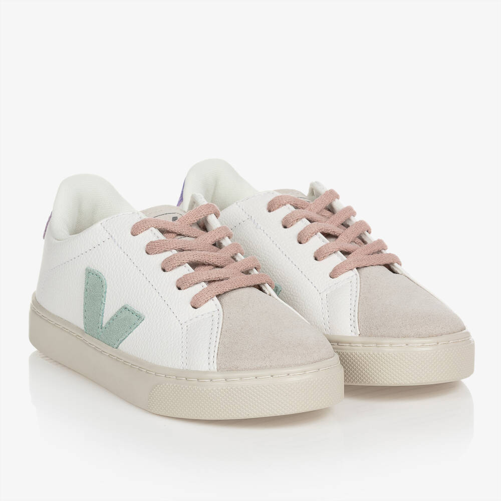 VEJA-Teen Girls White & Green Esplar Leather Trainers | Childrensalon Outlet