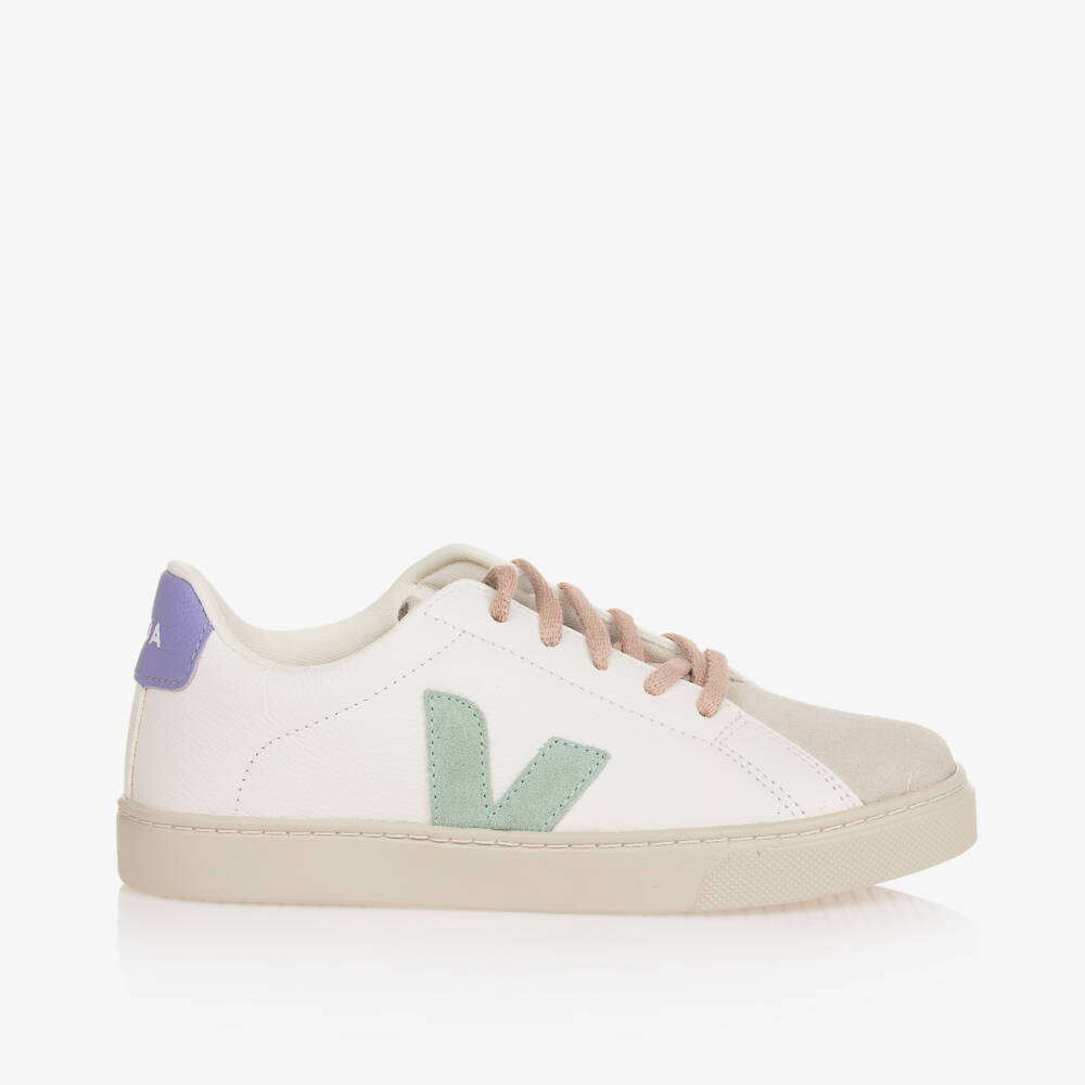 VEJA-Teen Girls White & Green Esplar Leather Trainers | Childrensalon Outlet