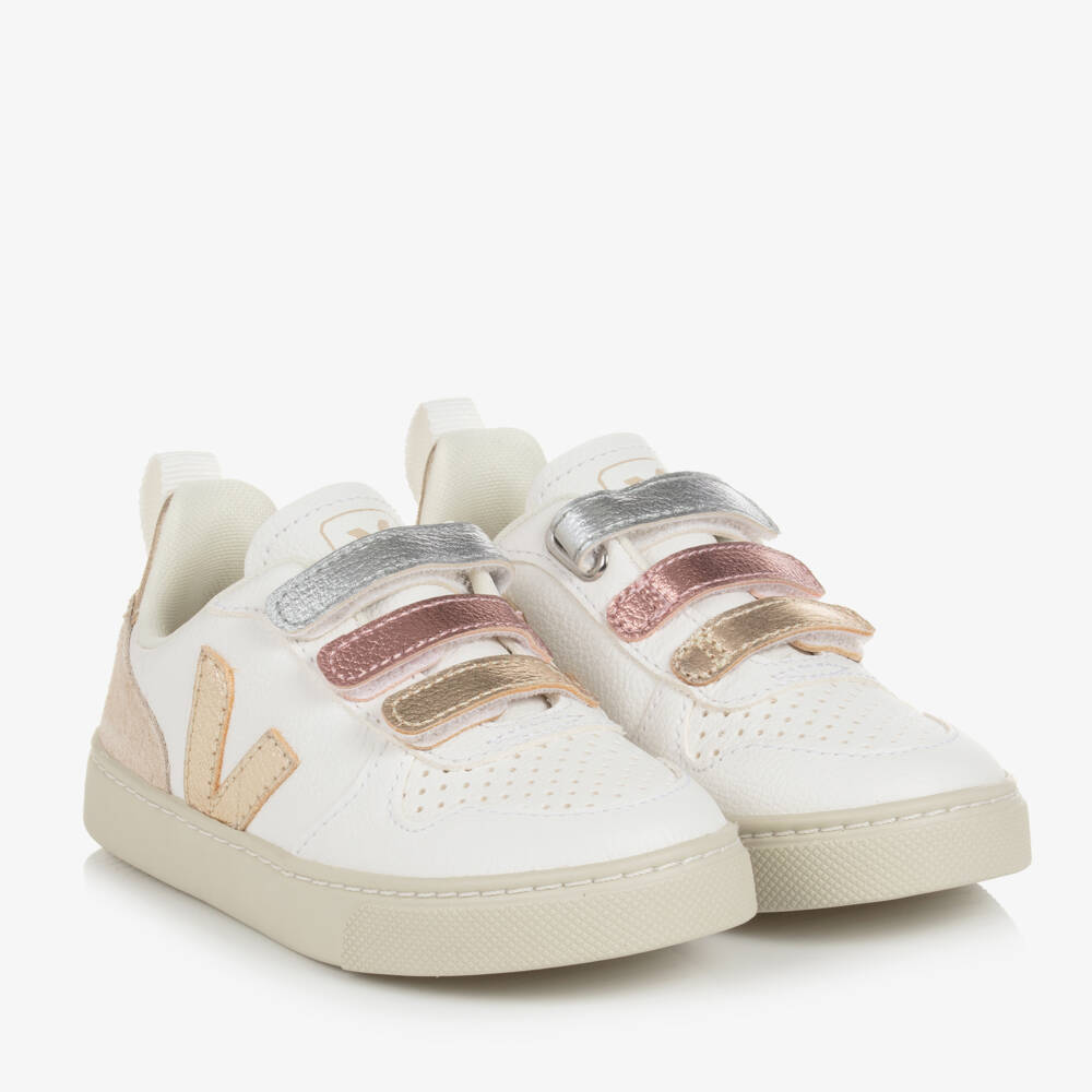 VEJA-Teen White & Metallic Gold Leather V-10 Trainers | Childrensalon Outlet