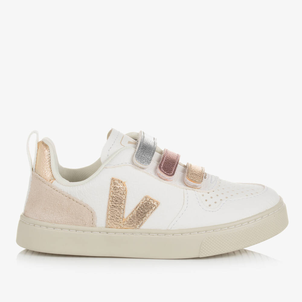 VEJA-Teen White & Metallic Gold Leather V-10 Trainers | Childrensalon Outlet