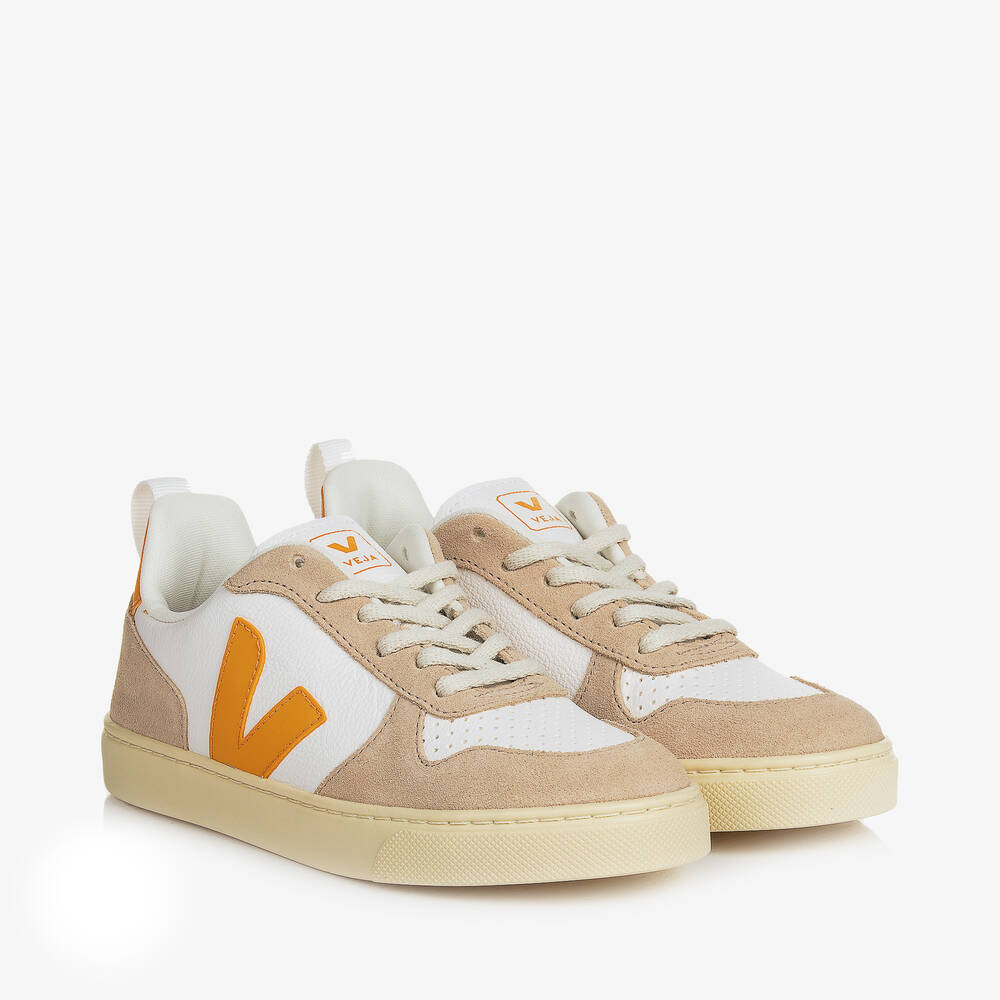 VEJA - Teen White & Yellow V-10 Trainers | Childrensalon