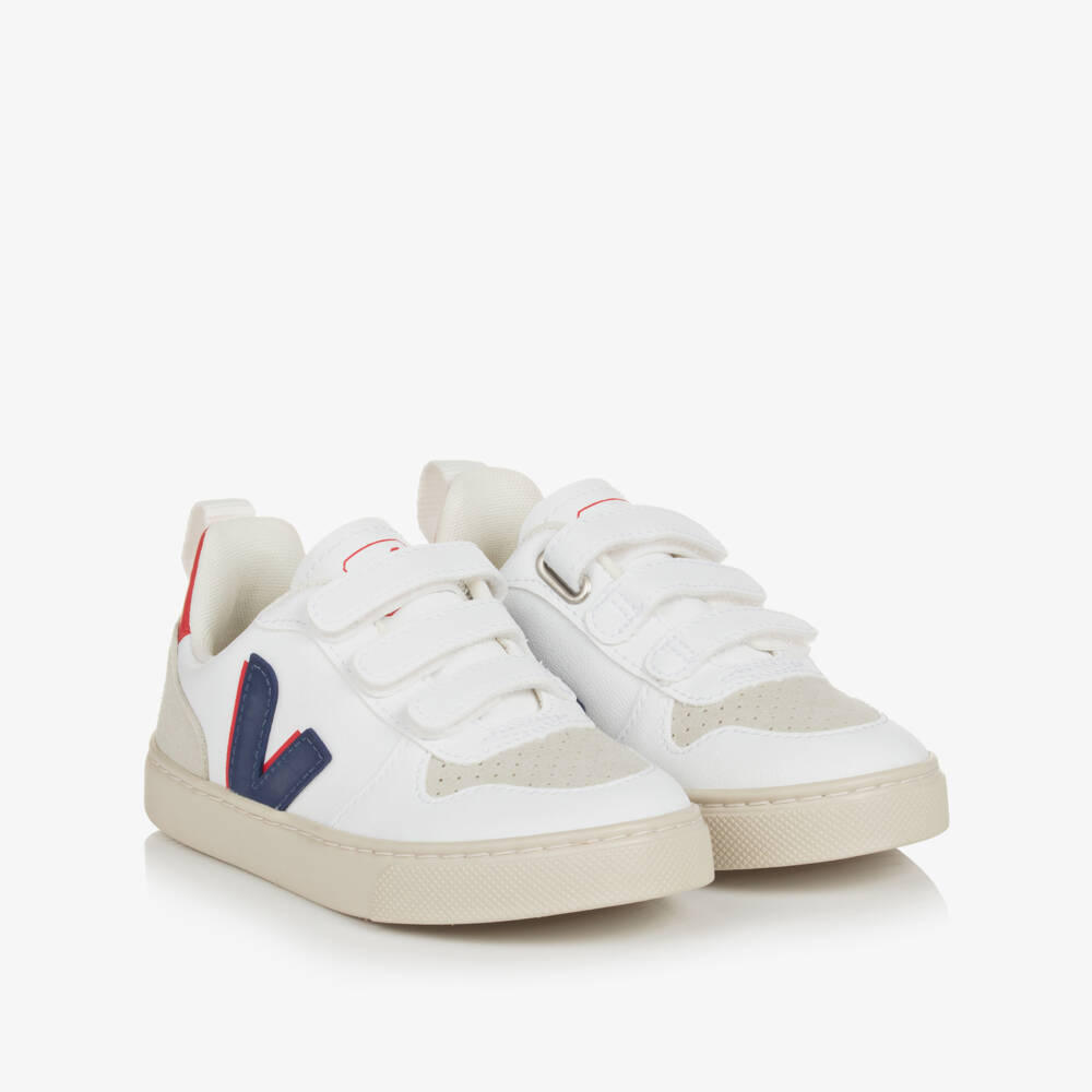 VEJA-White & Blue Faux Leather V-10 Trainers | Childrensalon Outlet