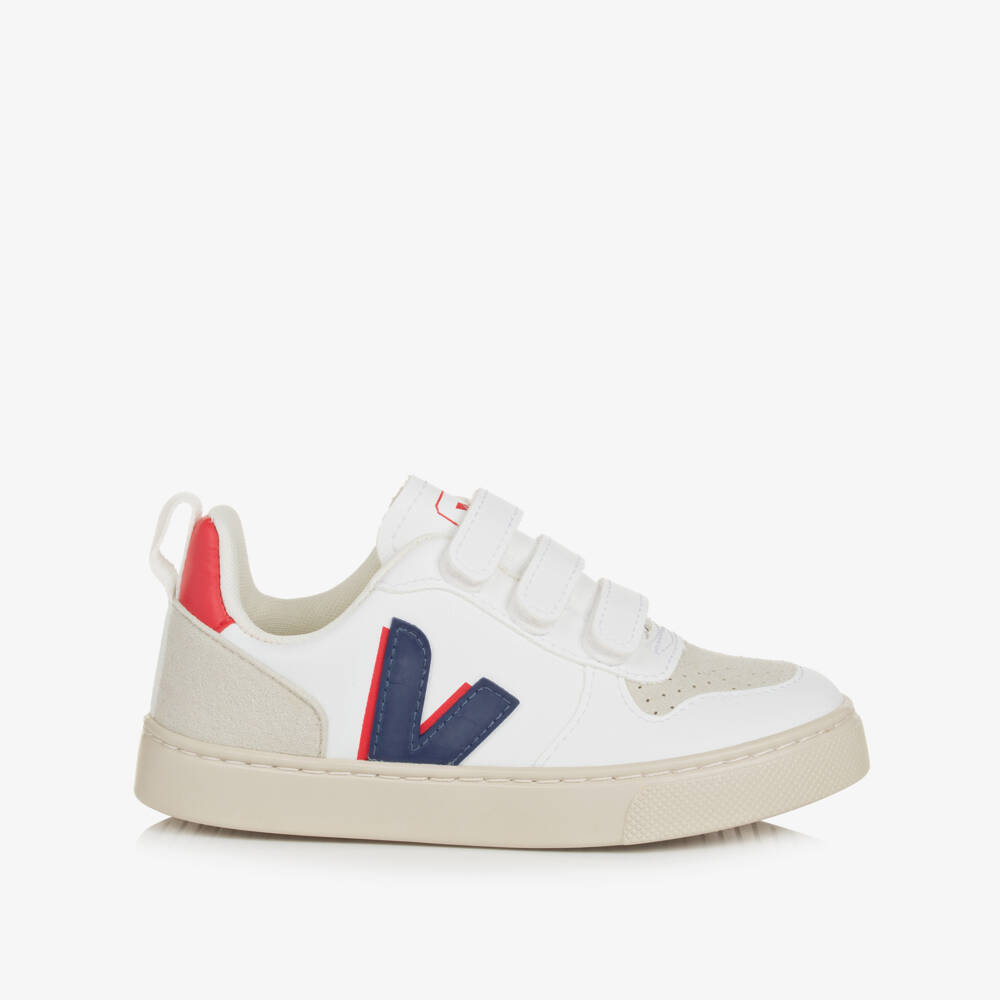 VEJA-White & Blue Faux Leather V-10 Trainers | Childrensalon Outlet