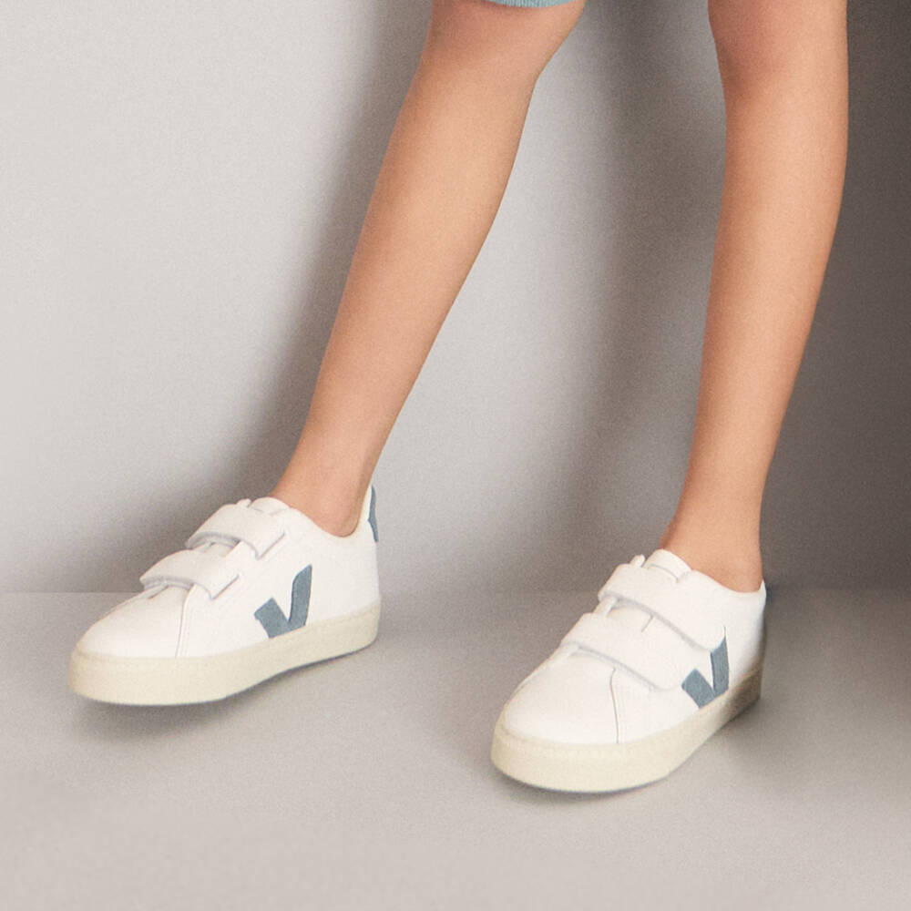 VEJA-White & Blue Leather Esplar Velcro Trainers | Childrensalon Outlet