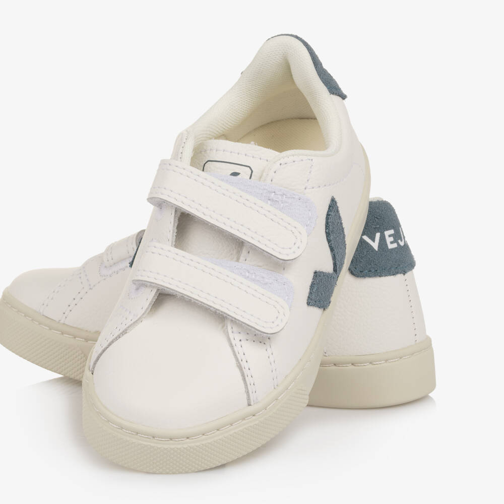 VEJA-White & Blue Leather Esplar Velcro Trainers | Childrensalon Outlet