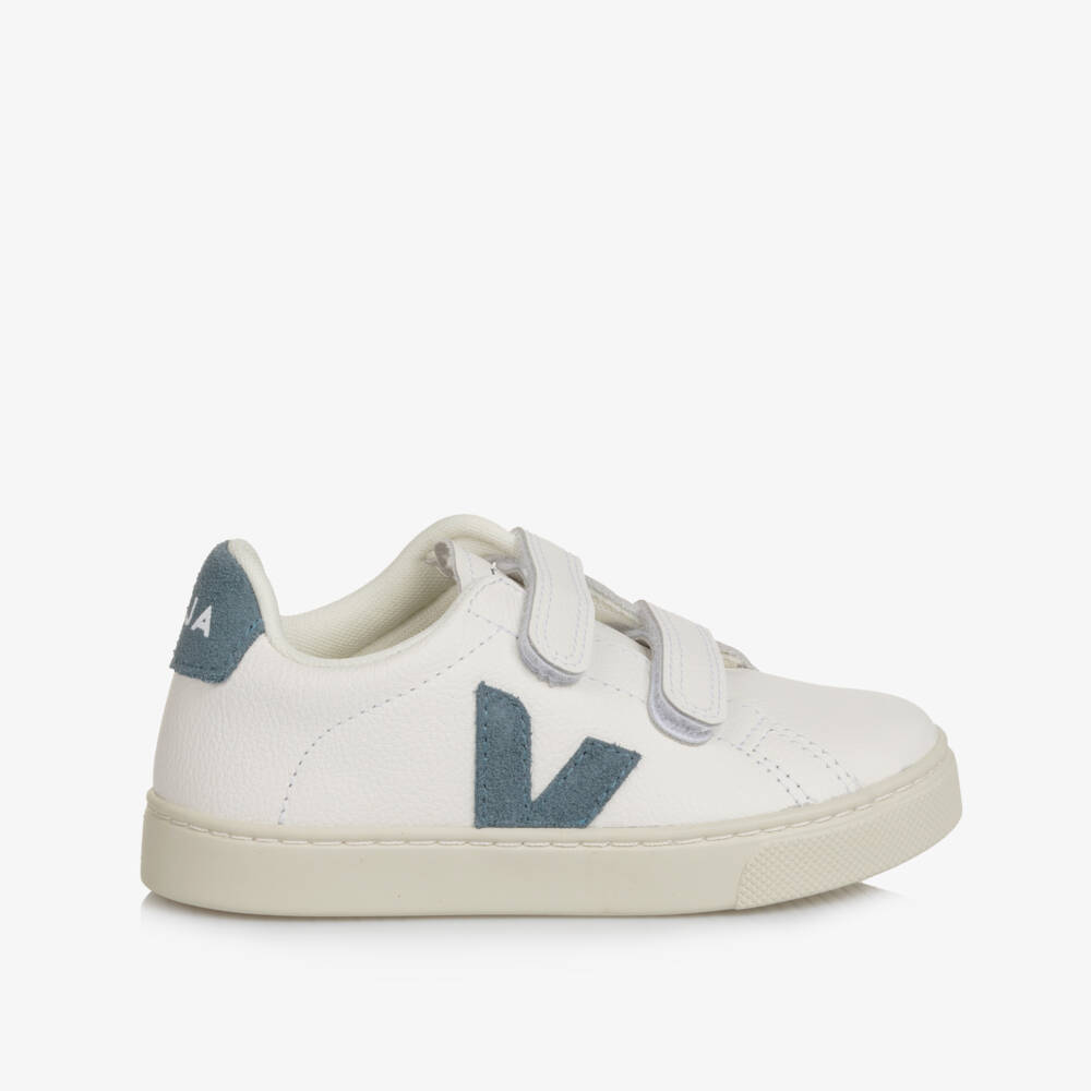 VEJA-White & Blue Leather Esplar Velcro Trainers | Childrensalon Outlet