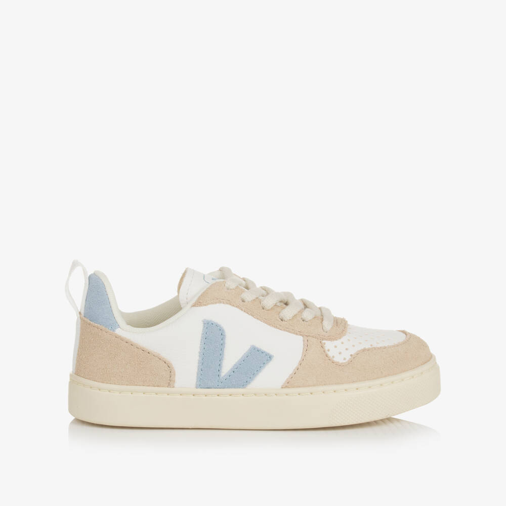VEJA-White & Blue Leather V-10 Trainers | Childrensalon Outlet