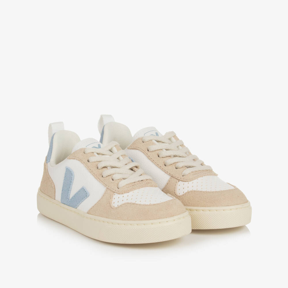 VEJA-White & Blue Leather V-10 Trainers | Childrensalon Outlet