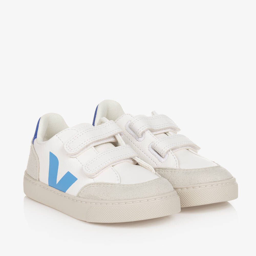 VEJA-White & Blue Leather V-12 Trainers | Childrensalon Outlet