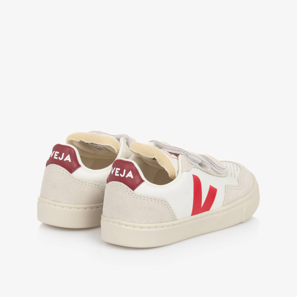 VEJA-White & Burgundy Red Leather V-90 Trainers | Childrensalon Outlet