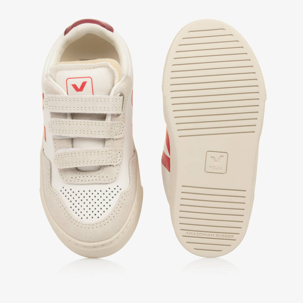 VEJA-White & Burgundy Red Leather V-90 Trainers | Childrensalon Outlet
