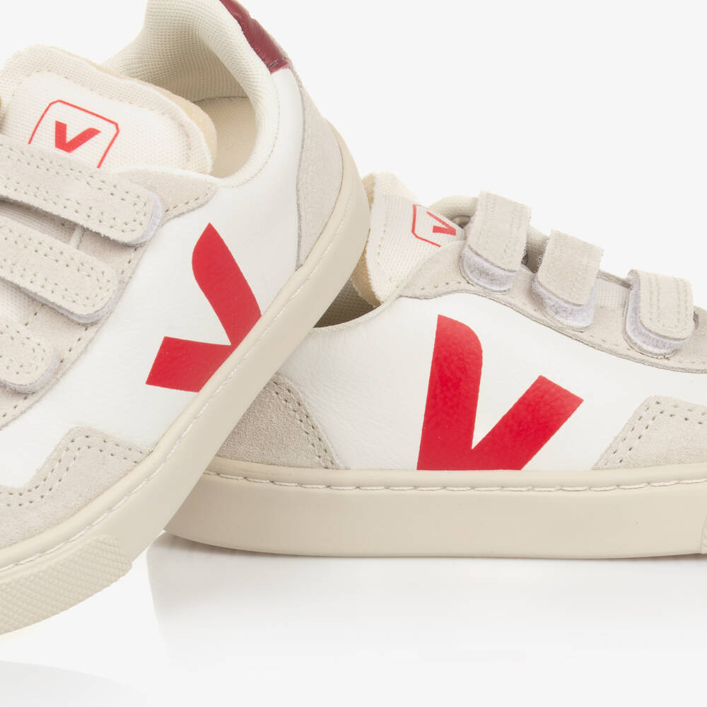 VEJA-White & Burgundy Red Leather V-90 Trainers | Childrensalon Outlet