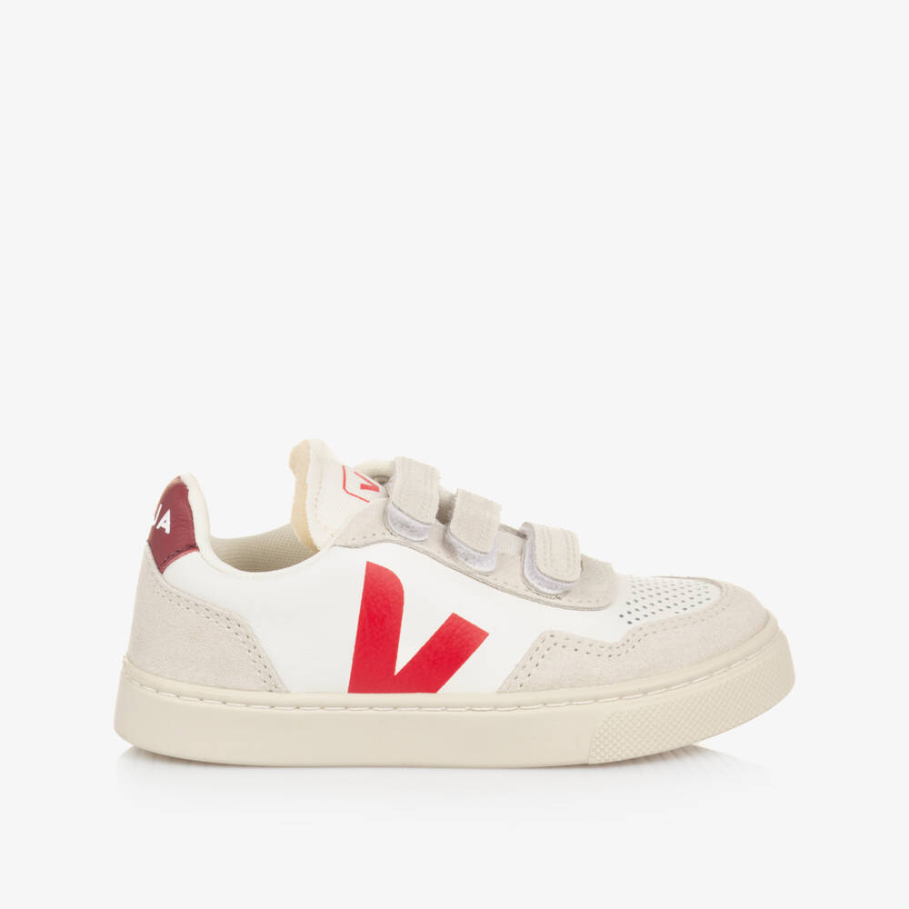 VEJA-White & Burgundy Red Leather V-90 Trainers | Childrensalon Outlet