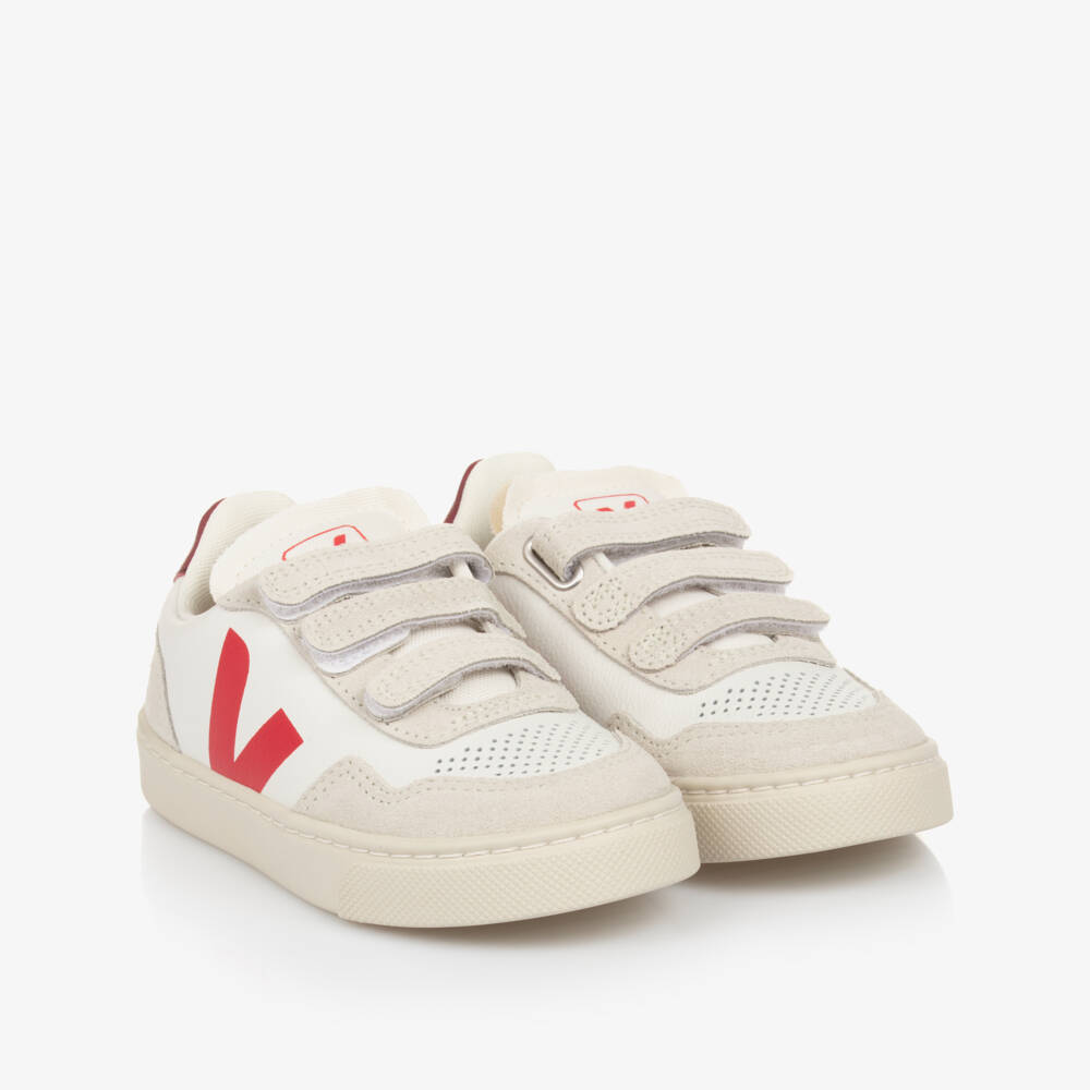 VEJA-White & Burgundy Red Leather V-90 Trainers | Childrensalon Outlet