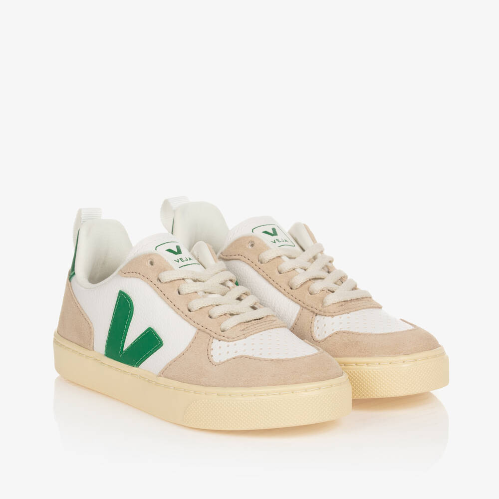 VEJA - Бело-зеленые кроссовки V-10 | Childrensalon