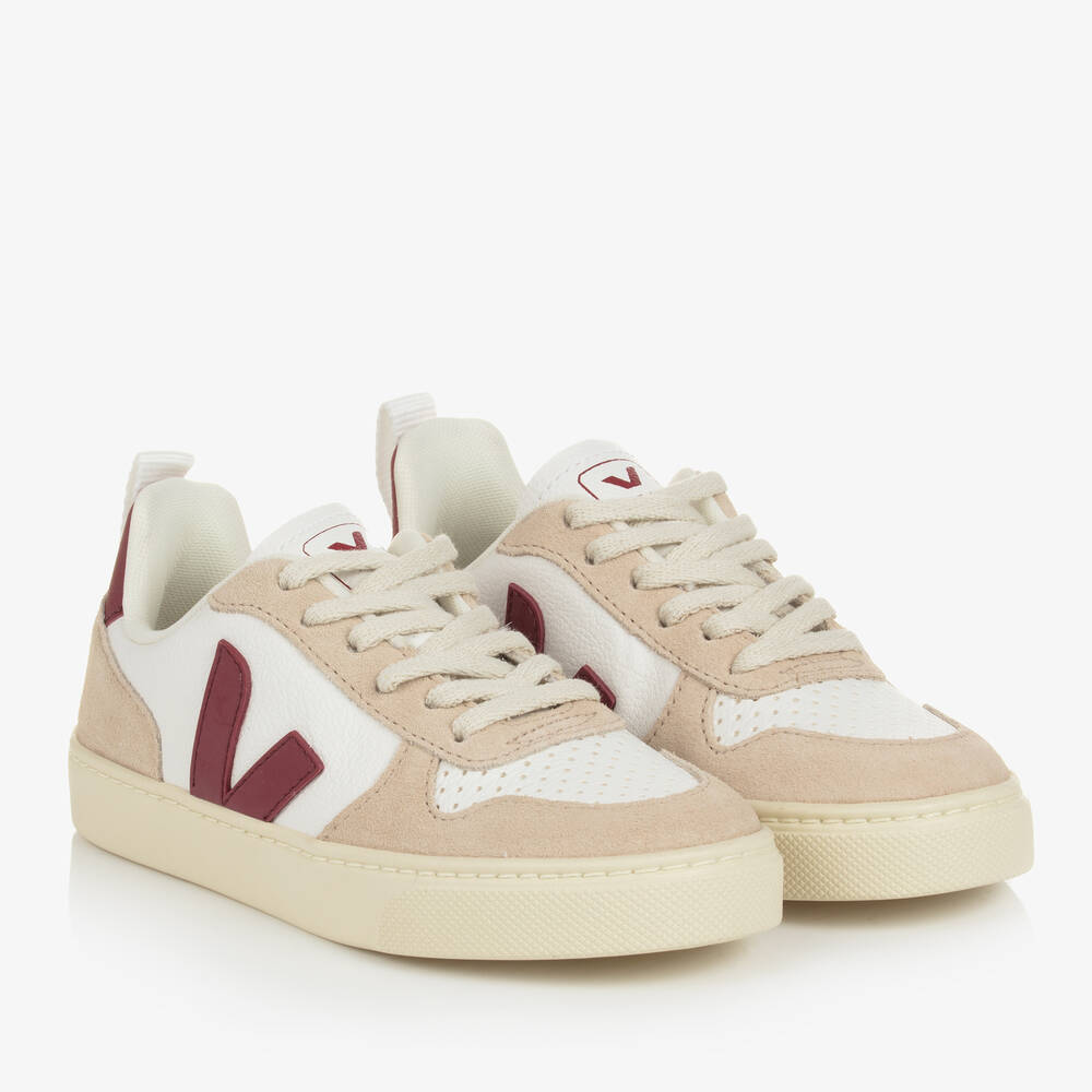 VEJA-White & Red Leather V-10 Trainers | Childrensalon Outlet