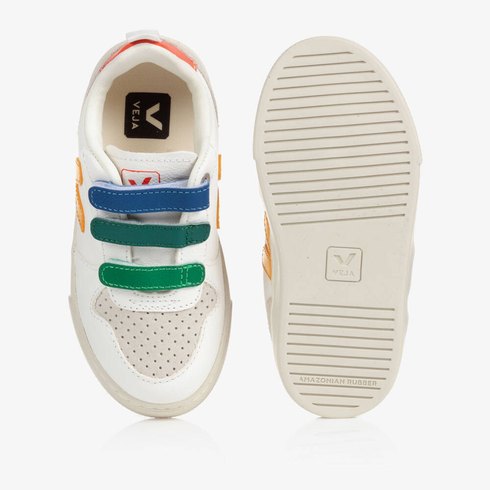 VEJA-White & Yellow Leather V-10 Velcro Trainers | Childrensalon Outlet