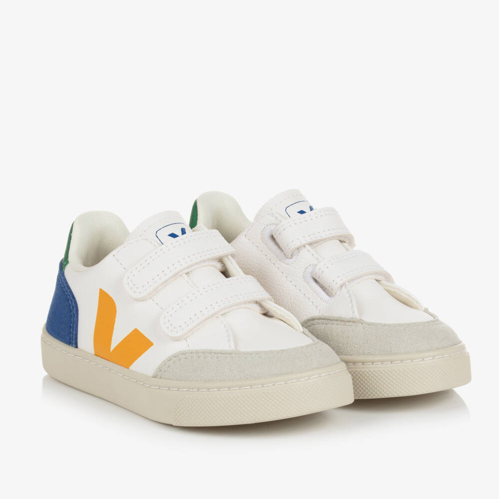 VEJA-White & Yellow Leather Velcro V-12 Trainers | Childrensalon Outlet