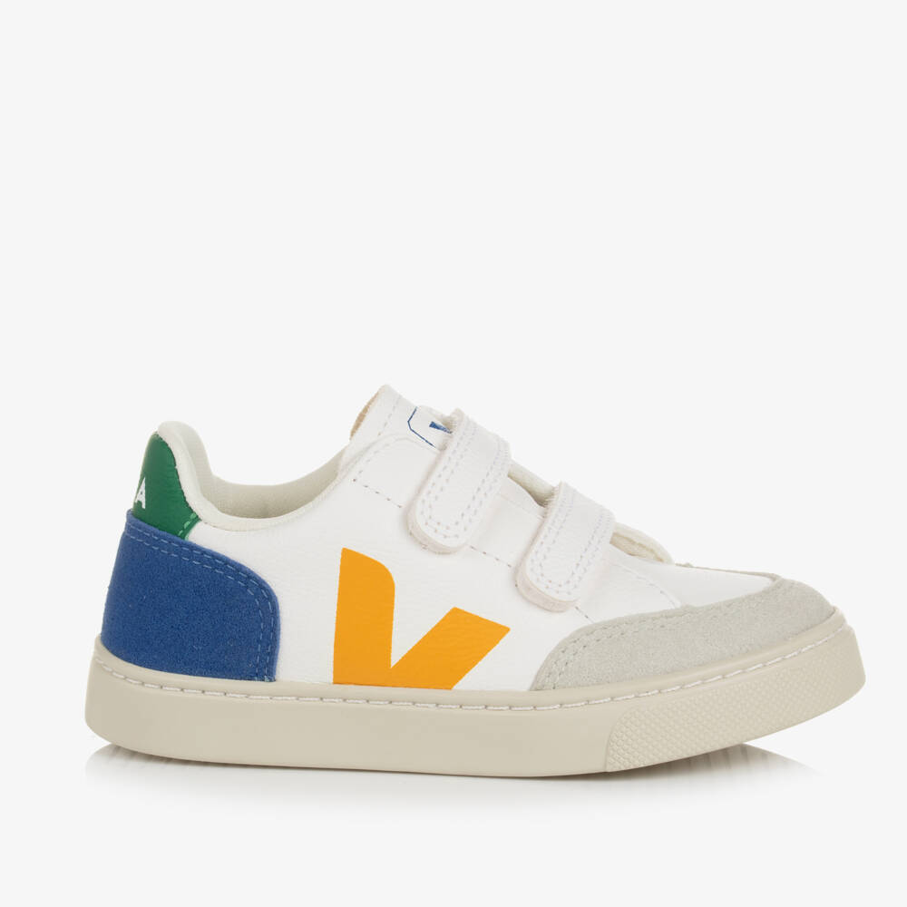 VEJA-White & Yellow Leather Velcro V-12 Trainers | Childrensalon Outlet