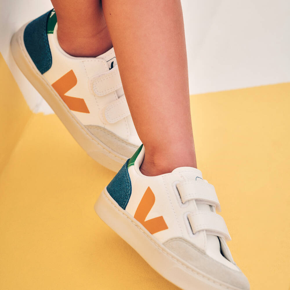 VEJA-White & Yellow Leather Velcro V-12 Trainers | Childrensalon Outlet