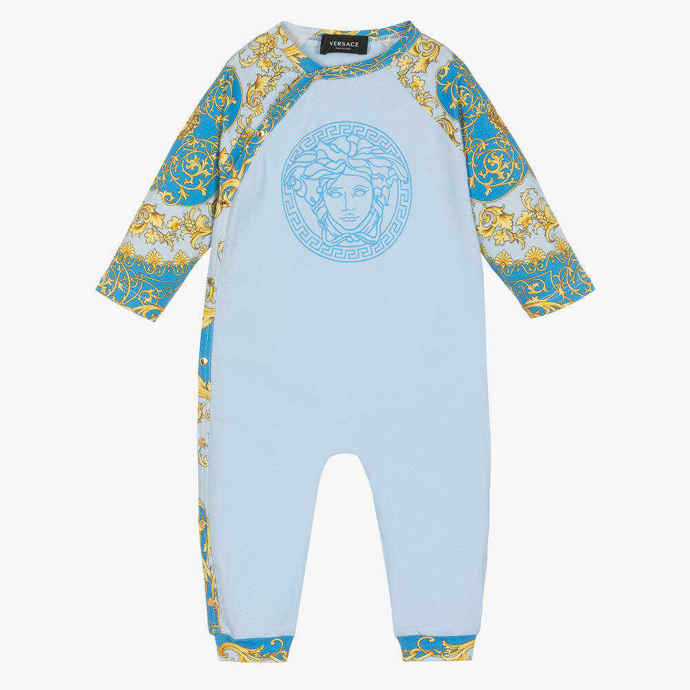 Versace - Baby Boys Blue & Gold Barocco Romper | Childrensalon