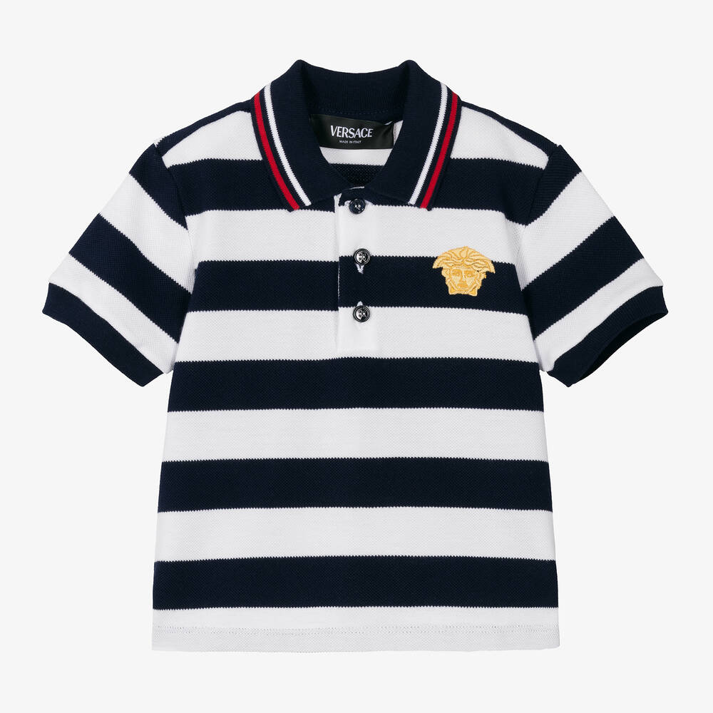 Versace-توب بولو أطفال ولادي قطن مقلم لون كحلي وأبيض | Childrensalon Outlet