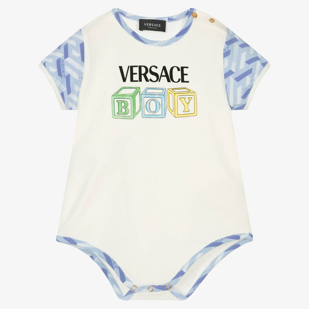 Versace - أوفرول بادي قطن جيرسي لون أبيض طبعة غريسا للمواليد | Childrensalon