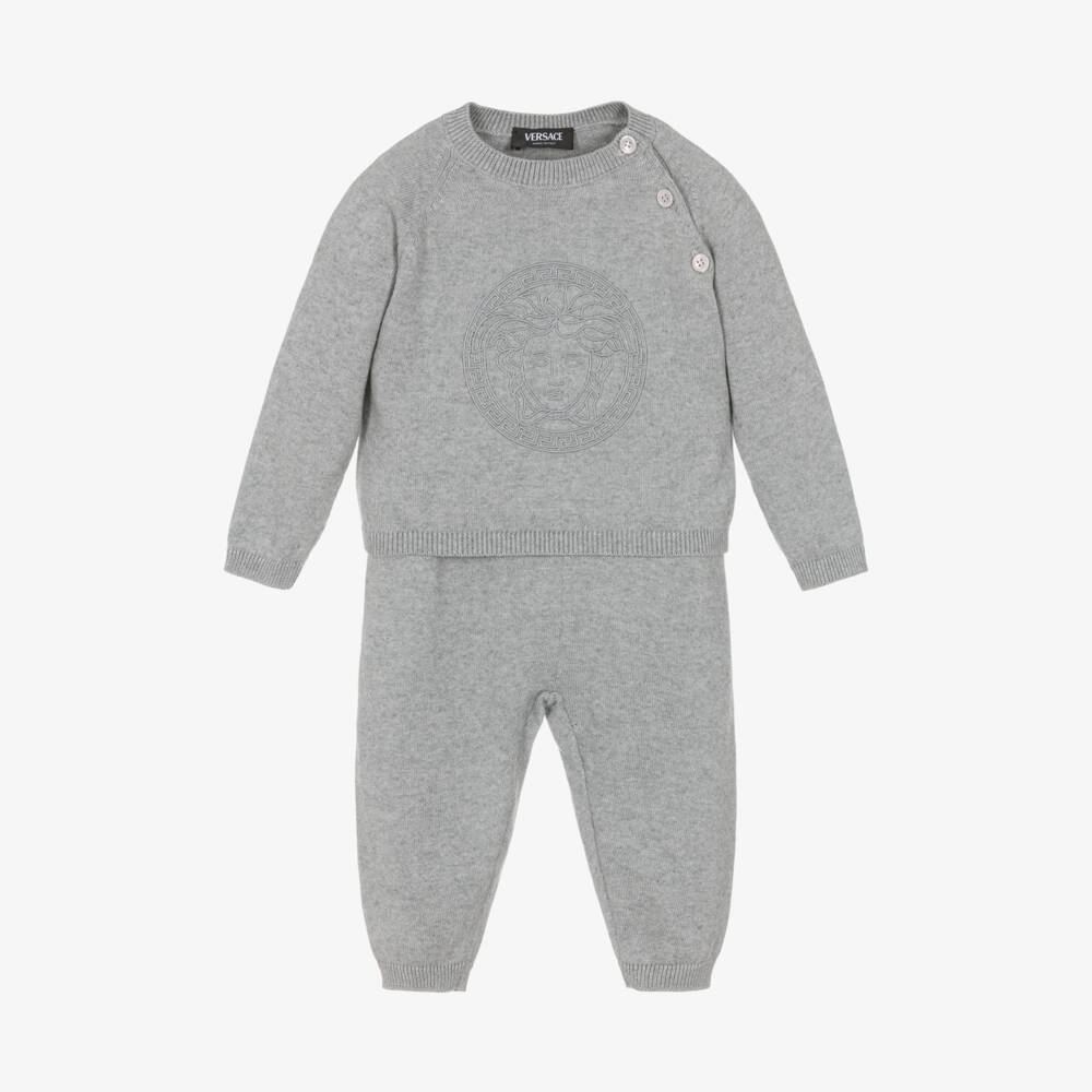 Versace-هدية طقم بنطلون قطن وكشمير لون رمادي للمواليد | Childrensalon Outlet