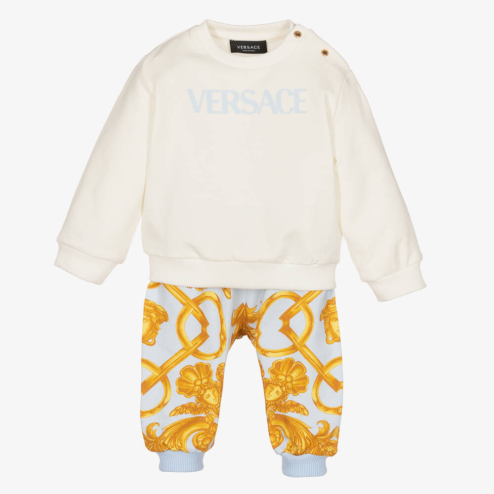 Versace - تراكسوت قطن جيرسي لون عاجي وأزرق للمواليد | Childrensalon