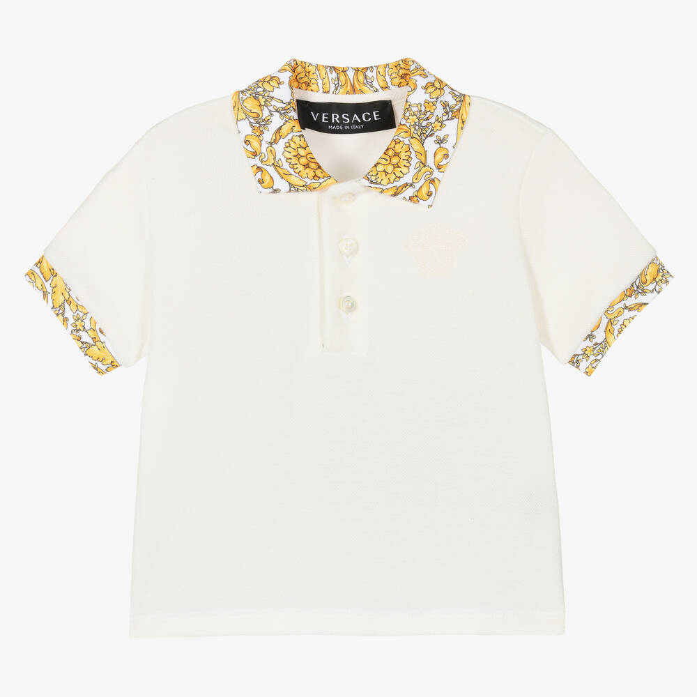 Versace - Кремовая рубашка поло с золотистым принтом Barocco | Childrensalon