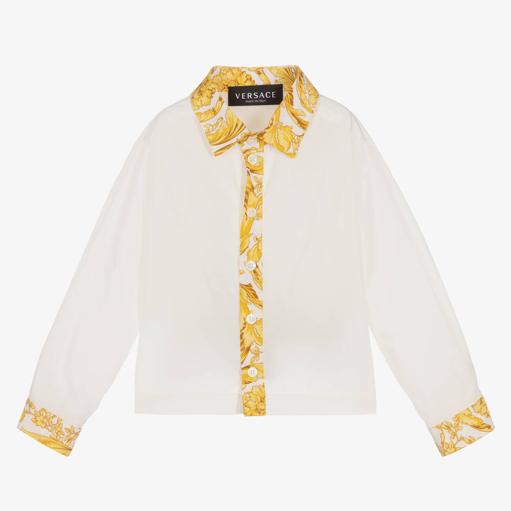 Versace - قميص قطن لون أبيض وذهبي بطبعة الباروك للمواليد | Childrensalon