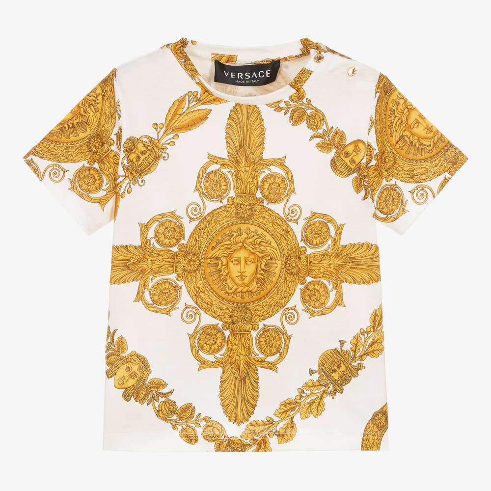 Versace - Бело-золотистая футболка с принтом Barocco | Childrensalon