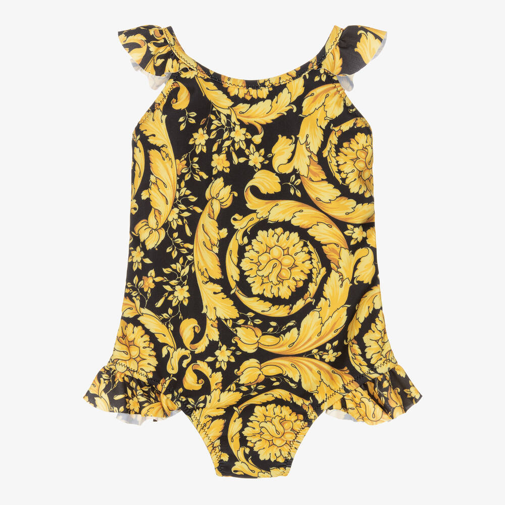 Versace - Baby Girls Black & Gold Barocco Swimsuit | Childrensalon