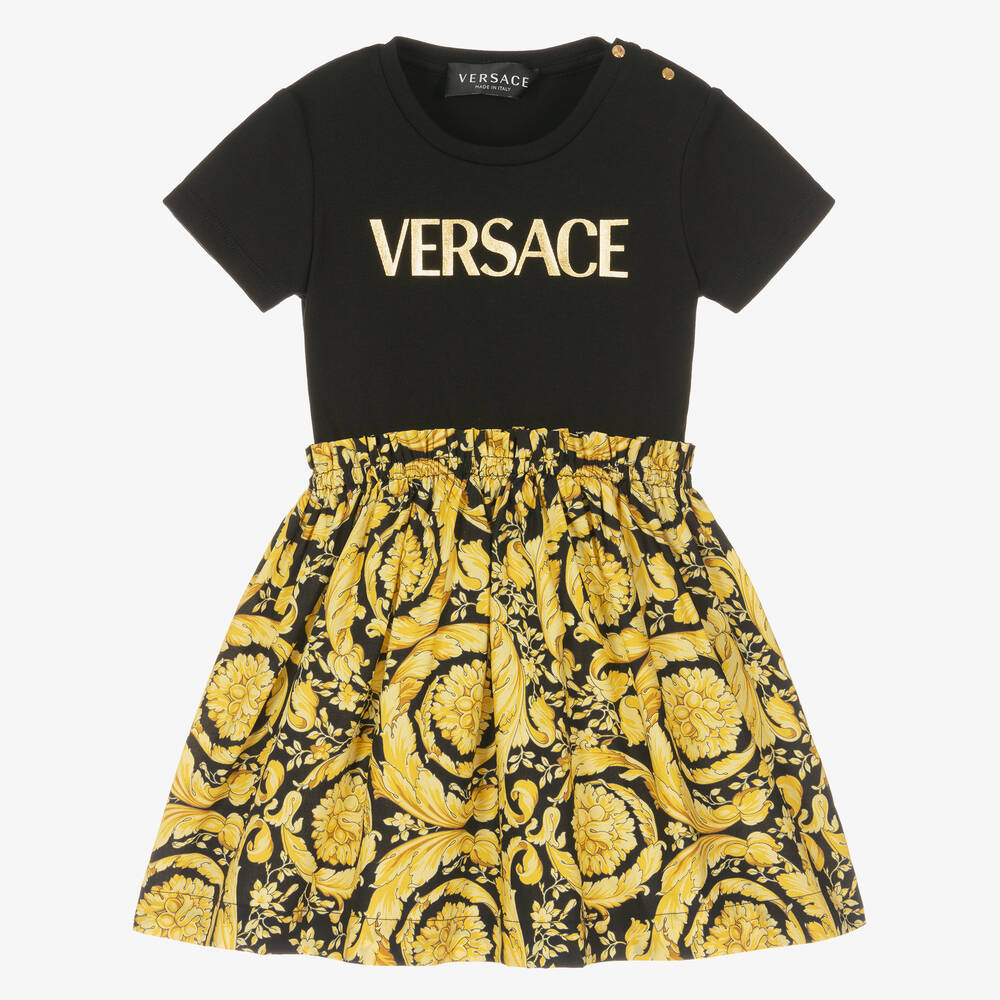 Versace - Черно-золотистое платье из хлопка с принтом Barocco | Childrensalon