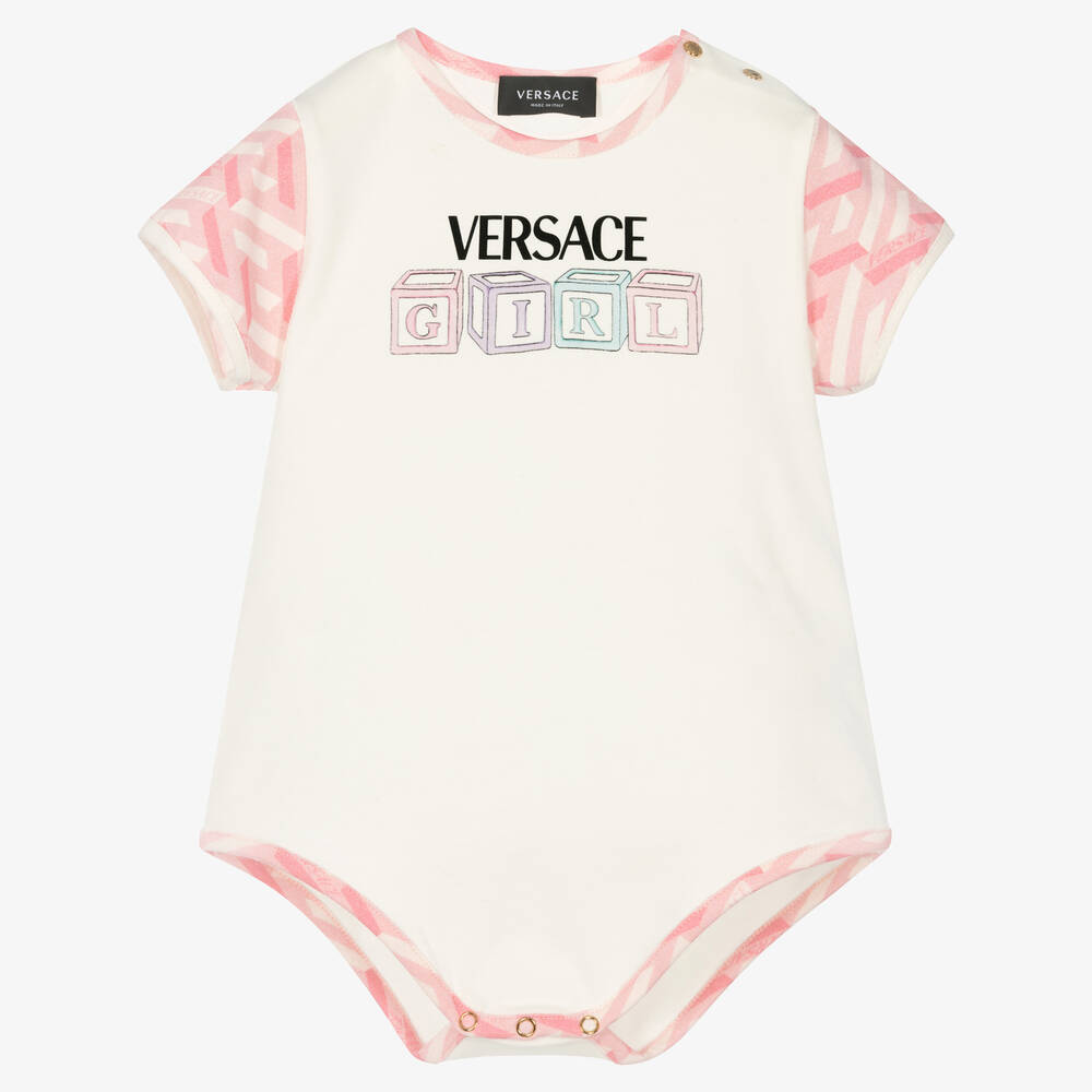 Versace - أوفرول بادي قطن جيرسي لون أبيض طبعة غريسا للمولودات | Childrensalon