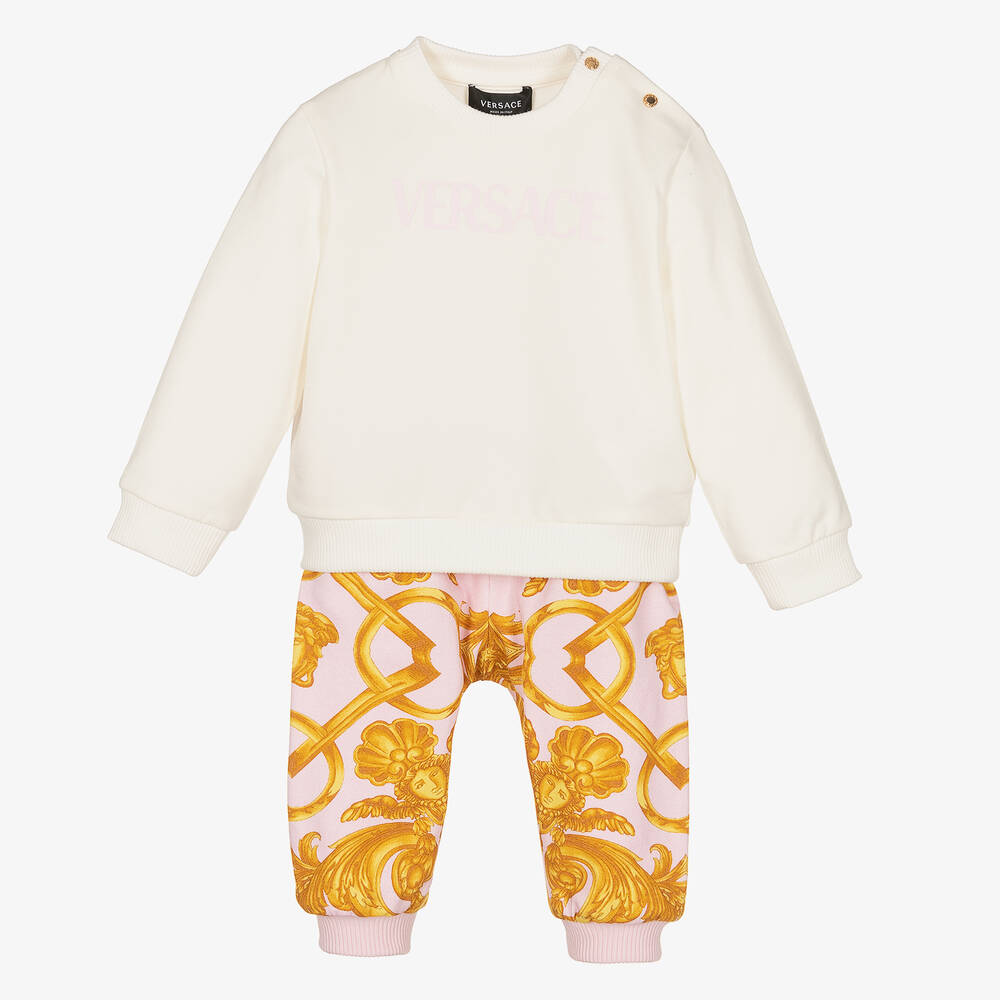 Versace - Baby Girls Ivory & Pink Cotton Tracksuit | Childrensalon