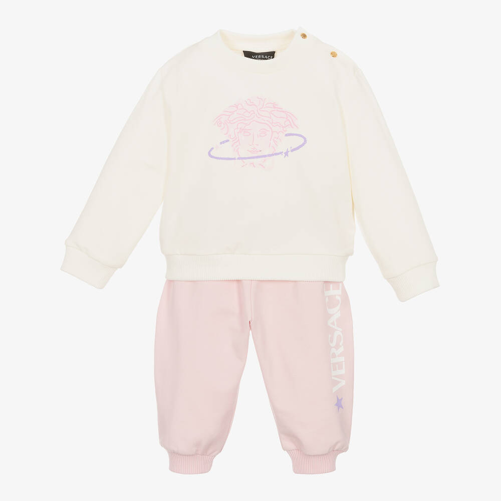 Versace - Baby Girls Pink & Ivory Cotton Trouser Set | Childrensalon
