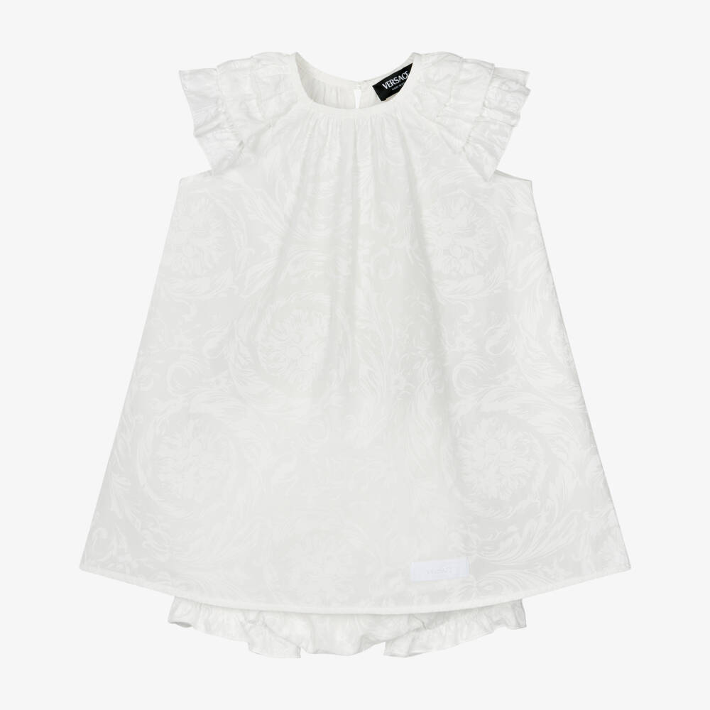 Versace-Baby Girls White Cotton Dress with Barocco Design | Childrensalon Outlet