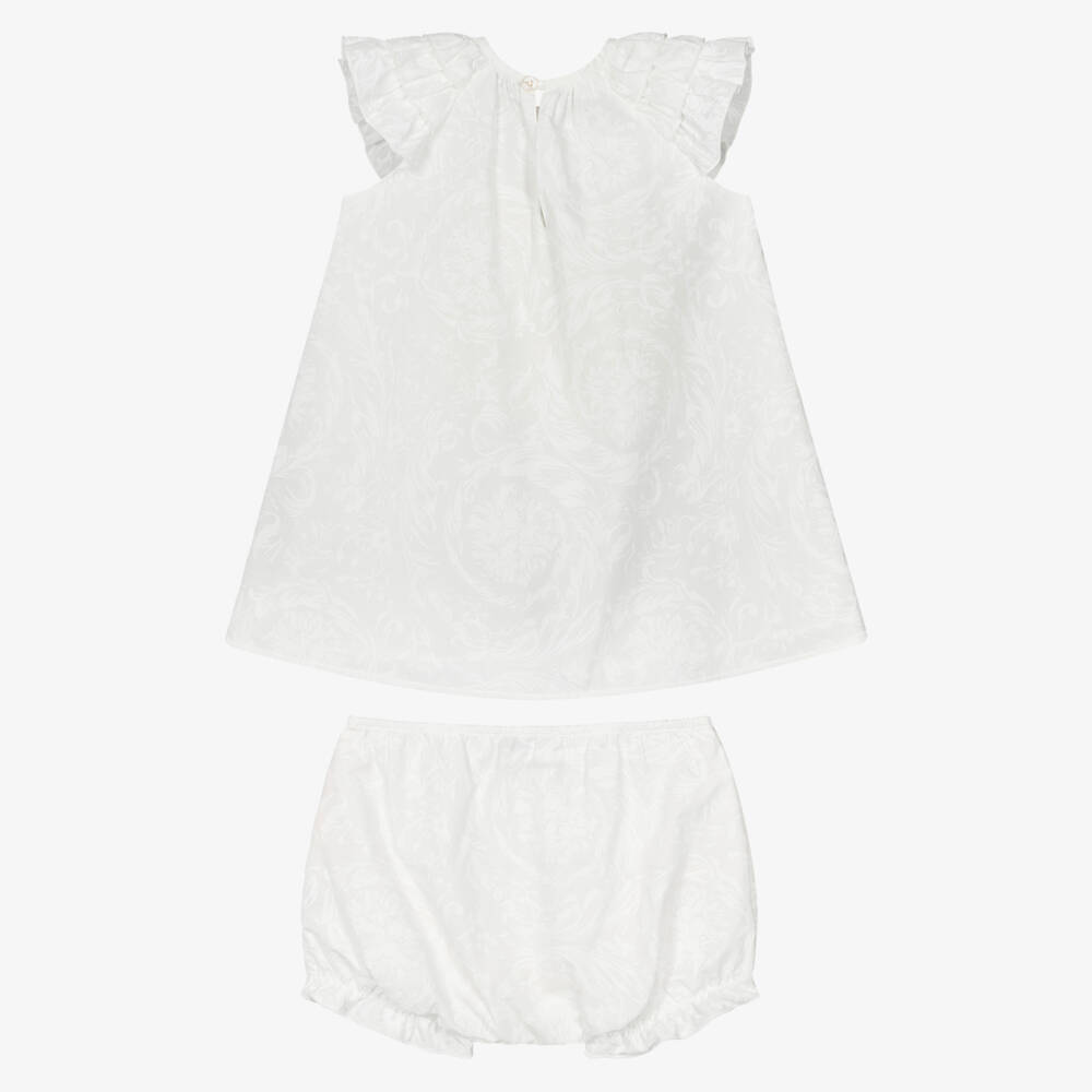 Versace-Baby Girls White Cotton Dress with Barocco Design | Childrensalon Outlet