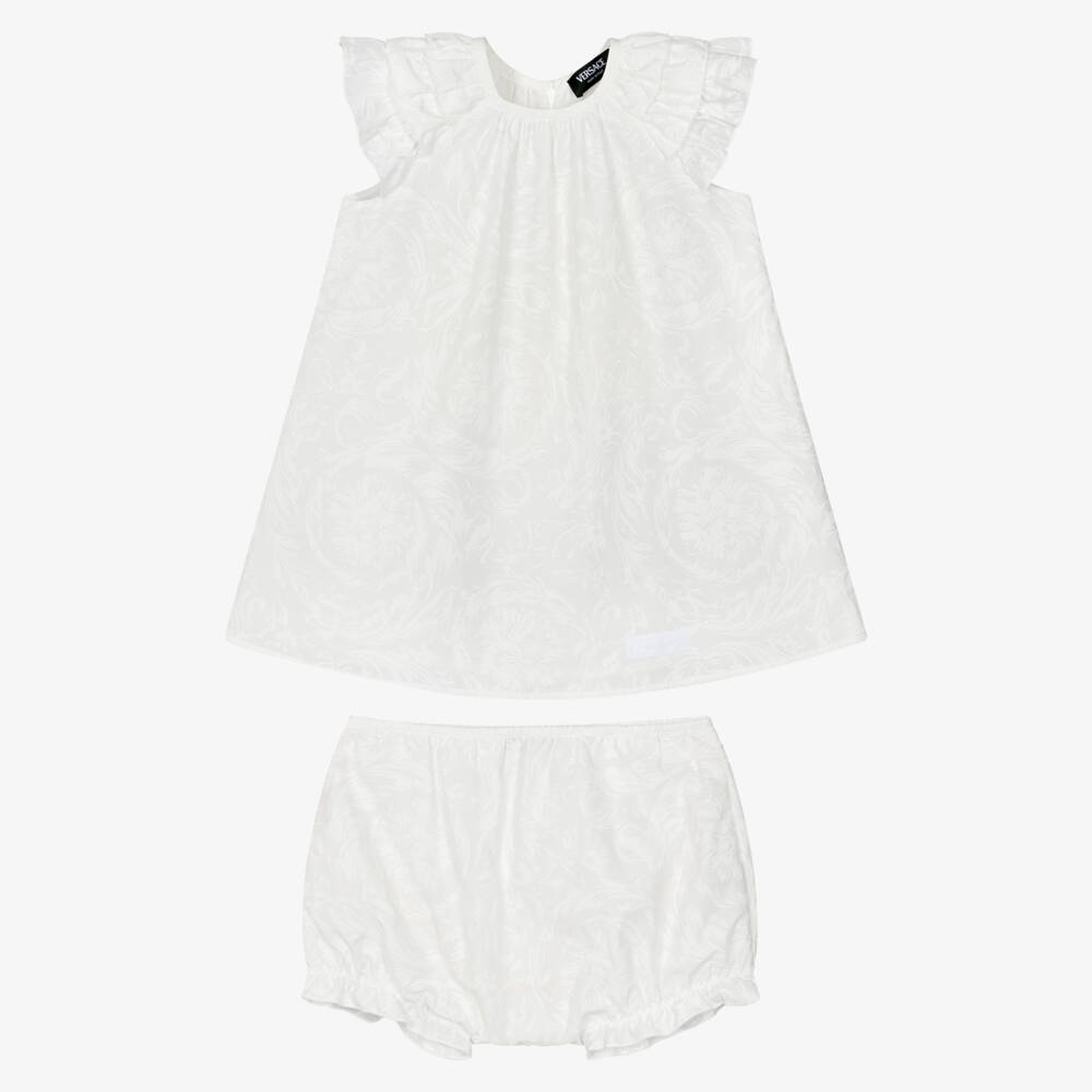 Versace-Baby Girls White Cotton Dress with Barocco Design | Childrensalon Outlet