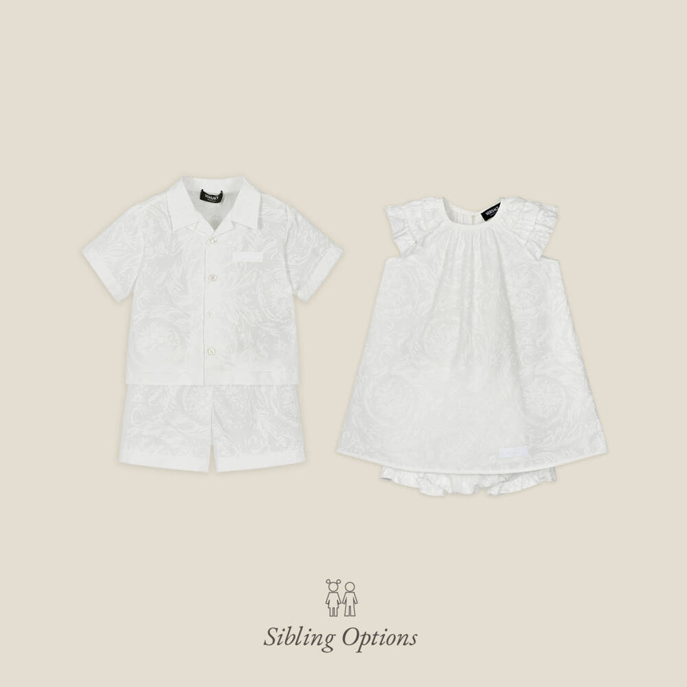 Versace-Baby Girls White Cotton Dress with Barocco Design | Childrensalon Outlet