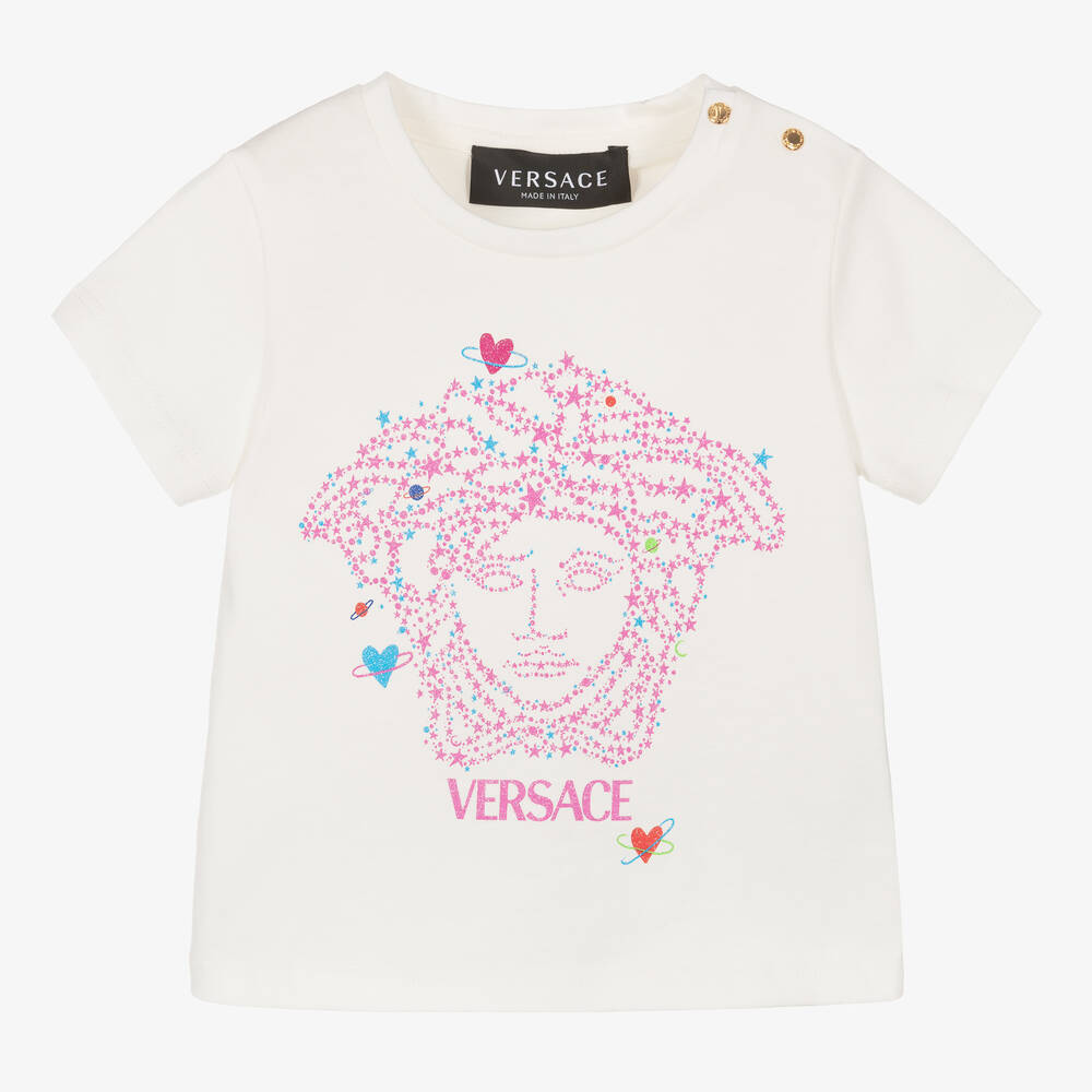 Versace - تيشيرت أطفال بناتي قطن لون أبيض بطبعة ميدوسا | Childrensalon