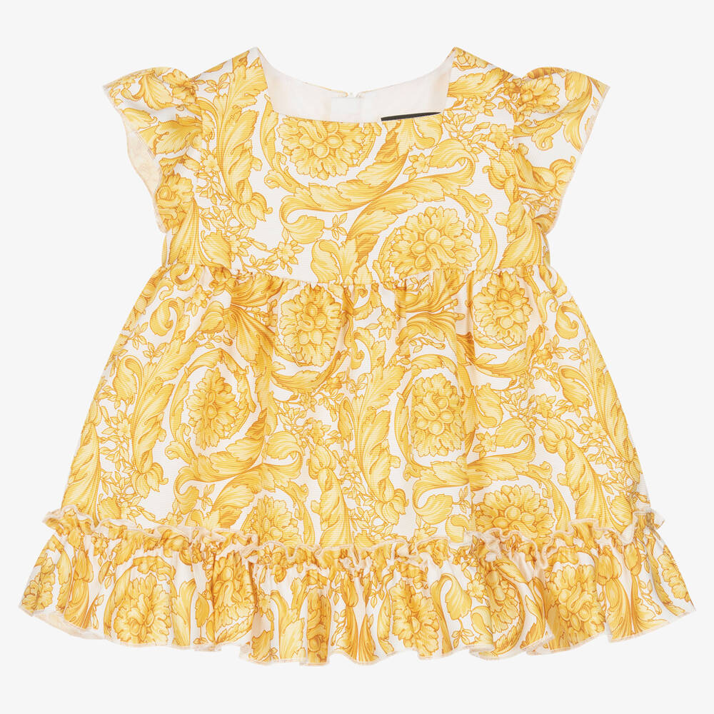 Versace - Baby Girls White & Gold Barocco Dress | Childrensalon