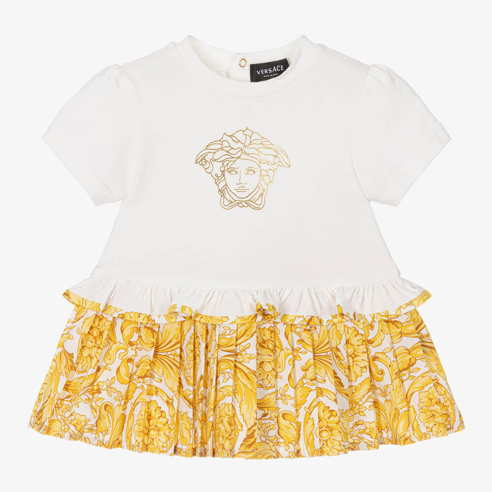 Versace - فستان قطن جيرسي لون أبيض وذهبي بطبعة باروك | Childrensalon