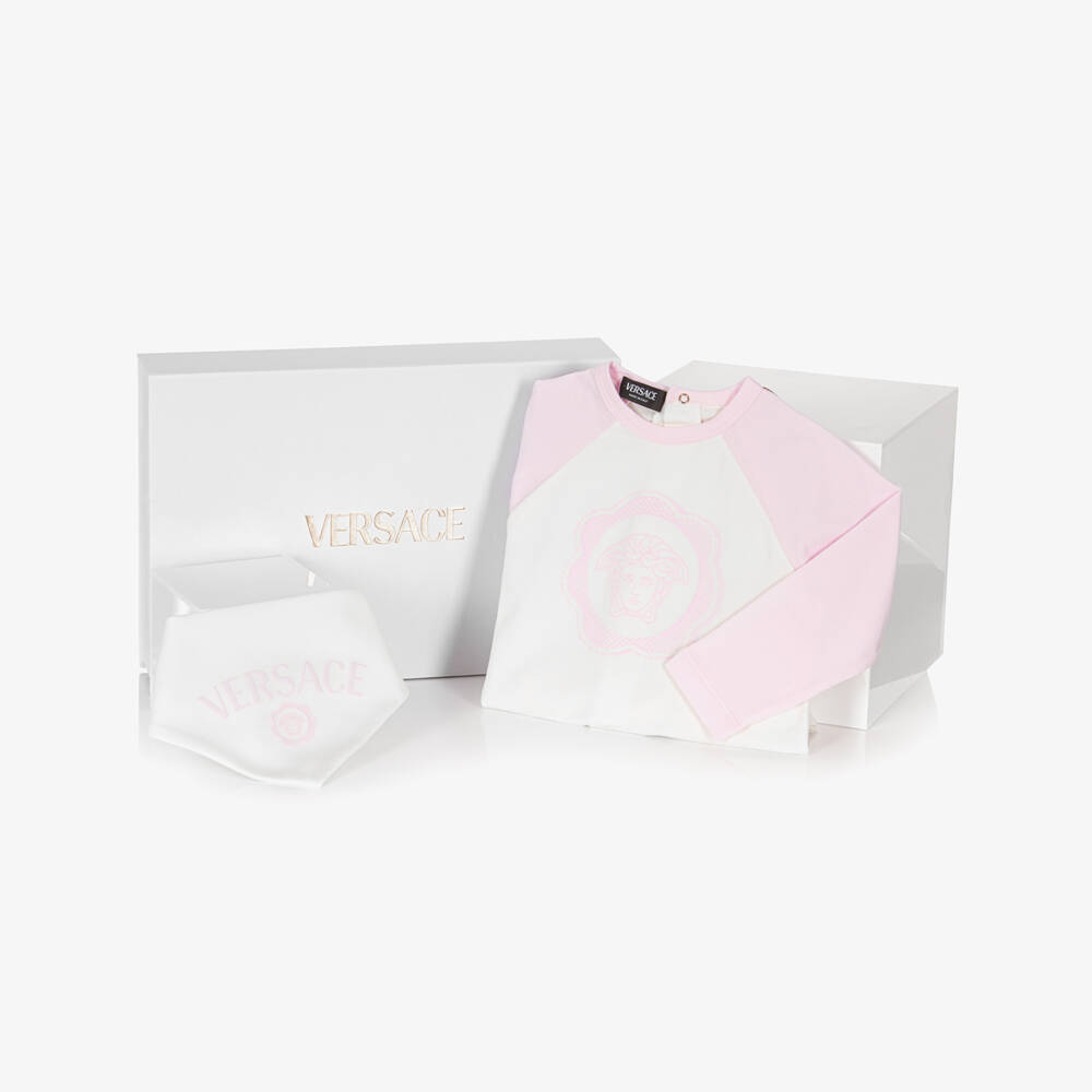Versace-Baby Girls White & Pink Cotton Medusa Logo Babygrow Gift Set | Childrensalon Outlet