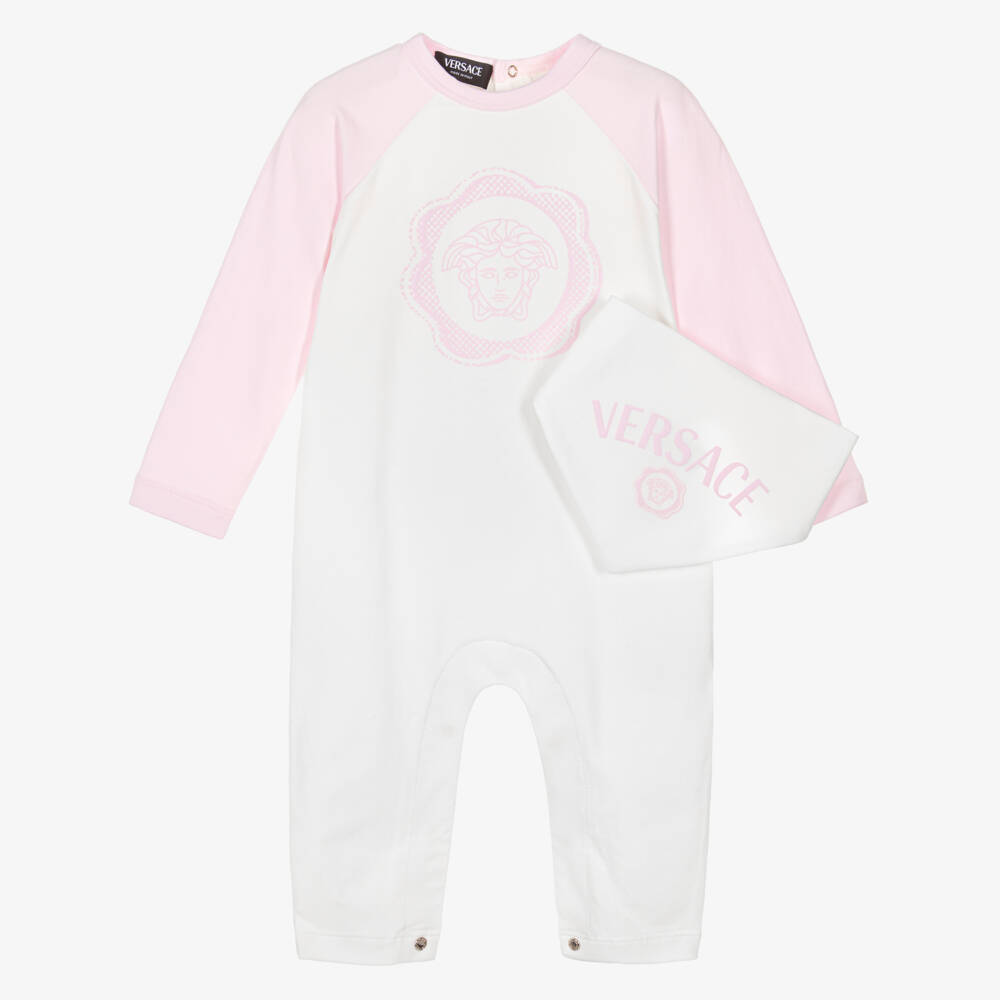 Versace-Baby Girls White & Pink Cotton Medusa Logo Babygrow Gift Set | Childrensalon Outlet