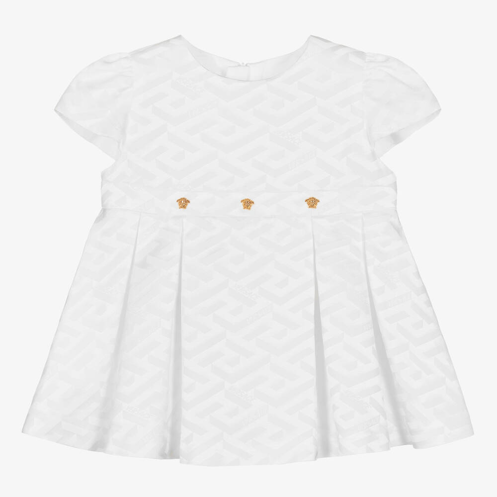 Versace - Baby Girls White Satin Logo Dress | Childrensalon